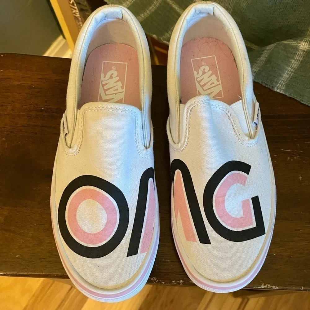 Vans slip on OMG print and true white size 7